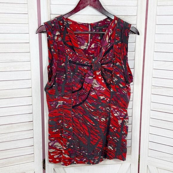 BCBGMaxAzria Abstract Print Knot Front Silk Blouse Sleeveless Black Red Medium - Picture 7 of 12